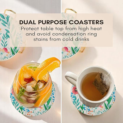 Floral Drink Absorbent Coasters with Holder Set of 6, Ceramic Coaster for Drinks, Coffee Table Decor, Water Absorbing Stone Coaster for Drinks (Blossom)