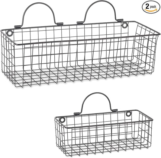 DII Farmhouse Vintage Décor, Wire Wall Basket, Assorted, Black, 2 Piece