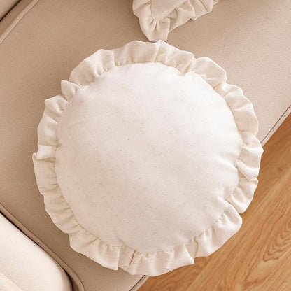 ISAENNE 2 Pcs Classic Ivory White Round Throw Pillow Cover Diameter 16", Solid Color Farmhouse Linen Cotton Decor Pillow Cover with Ruffles, Sturdy Throw Pillowcase for Couch Sofa Bed Living Room