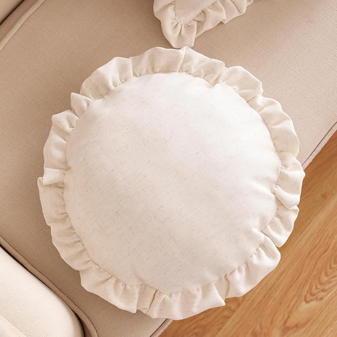 ISAENNE Classic Ivory White Round Throw Pillow Cover Diameter 16", Solid Color Farmhouse Linen Cotton Decoration Pillow Cover with Ruffles, Sturdy Throw Pillowcase for Couch Sofa Bed Living Room