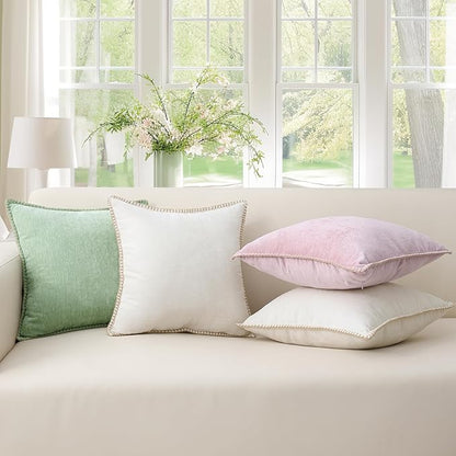 decorUhome Spring Chenille Soft Throw Pillow Covers 18x18 Set of 2, Farmhouse Velvet Neutral Decorative Pillow Covers with Stitched Edge for Couch Sofa Bed Home Decor, Cream White