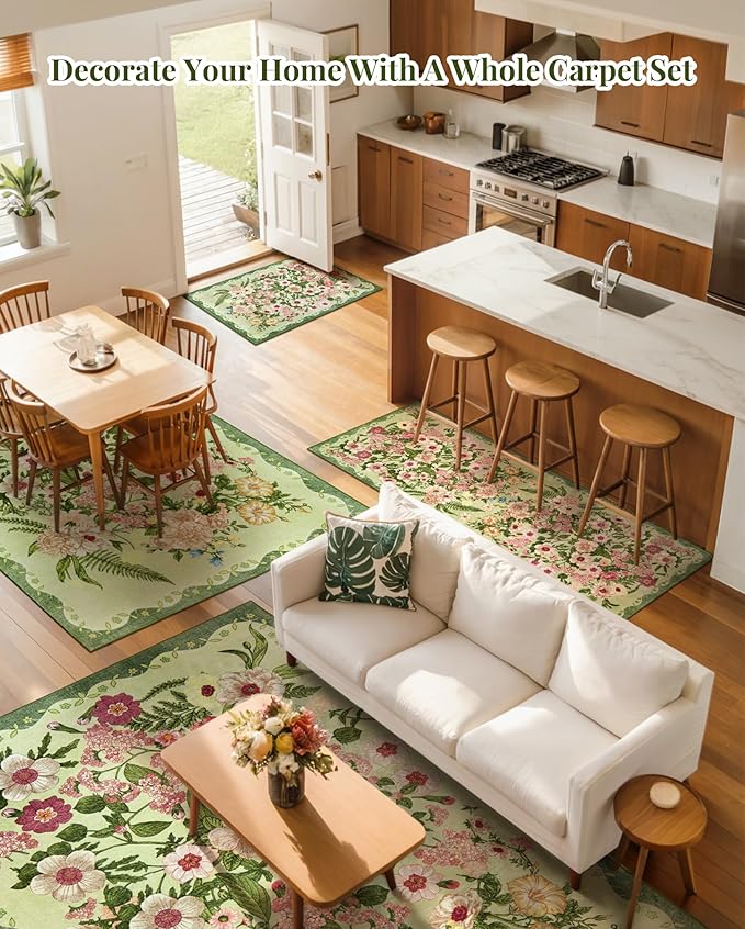 Floral Area Rug Living Room - 8x10 Washable Rugs Low Pile Non-Slip Soft Bedroom Rugs Under Bed Stain Resistant Accent Indoor Vintage Carpet for Dining Room Nursery Home Office Decor, Green