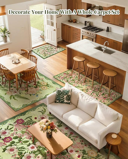 Floral Washable 5x7 Area Rugs - Living Room Rug Non Slip Low Pile Stain Resistant Carpets Indoor Vintage Flower Print Rug for Bedroom Dining Room Kitchen Home Office Green