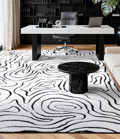 YIHOUSE Modern Rugs for Living Room 6x9, Washable Black and White Bedroom Rug, Fluffy Geometric Dining Room Rugs for Under Table Home Decor