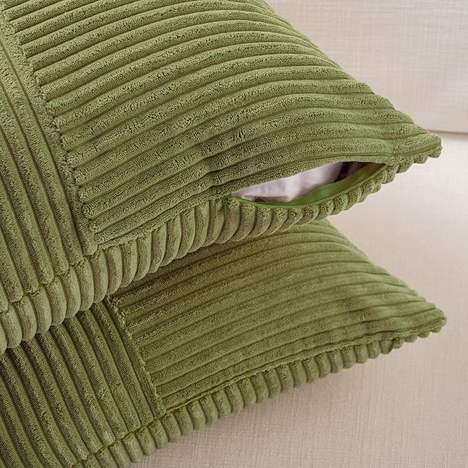 Fancy Homi 2 Packs Moss Green Decorative Throw Pillow Covers 18x18 Inch for Living Room Couch Bed Sofa, Farmhouse Boho Home Decor, Soft Corss Corduroy Patchwork Textured Square Cushion Case 45x45 cm