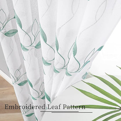 Tollpiz Teal Blue Leaf Sheer Curtains Leaves Embroidered Bedroom Short Curtain Rod Pocket Voile Window Treatment for Living Room, 38 x 54 inches Long, Set of 2 Panels