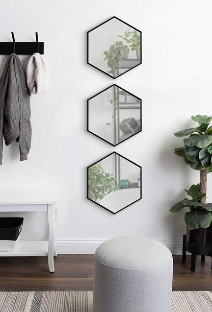 Kate and Laurel Rhodes Modern Hexagon Wall Mirror Set, 3 Pieces Black, Chic Geometric Mirror for Wall