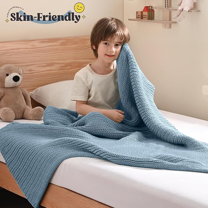 Guohaoi Knitted Weighted Blanket Kids (Haze Blue 36"x48" 3lbs) No Beads Cooling Heavy Blanket, Home Decor Breathable Chunky Knit Throw Blanket for All-Season Use