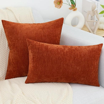 decorUhome Chenille Rust Throw Pillow Covers 12x20 Inch Set of 2, Decorative Soft Couch Pillow Covers Solid Dyed Accent Farmhouse Neutral Rectangle Pillow Cases for Sofa