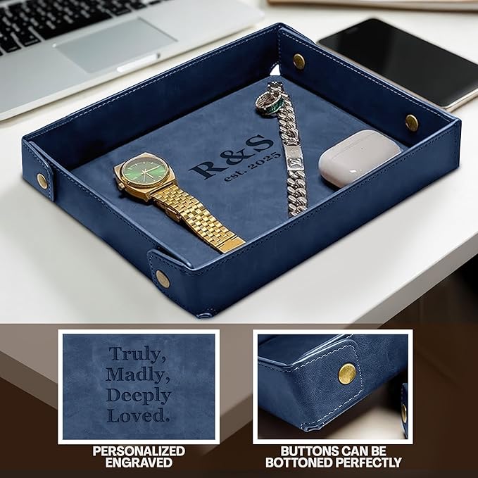Engraved PU Leather Valet Tray for Couples – Personalized Catchall with Custom Name – Organizer for Keys, Wallet, Jewelry – Romantic Gift – Blue