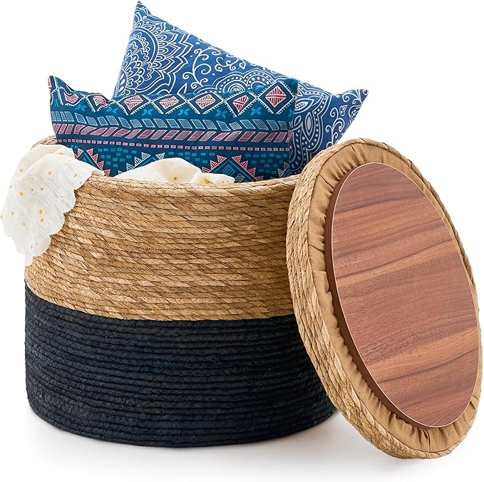 Wimarsbon Round Pouf Ottomans, Handwoven Natural Water Hyacinth Seagrass Pouffe,Outdoor Rattan Stool Accent Seat, Bohemian Coastal Home Decor (Storage - 18inch Natural Cattail & Black Corn Shell)