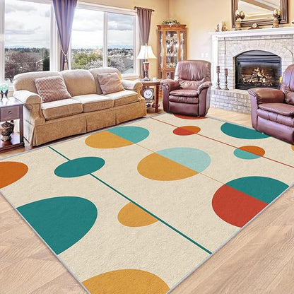 Contemporary Rugs for Living Room - Mid Century Modern Area Rug, 4x7 Rug, Colorful Circle Minimalist Rug & Home Decor, Retro Abstract Carpet & Room Decor, Washable Non Slip Anti Skid Rugs