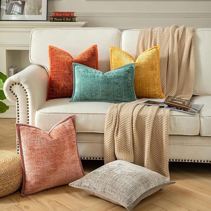 Yaertun Pack of 2 Chenille Textured Decorative Throw Pillow Covers Accent Solid Cushion Cover Soft Cozy Pillow Case with Velvet Back for Couch Sofa Bed Living Room 16x16 Inch Khaki