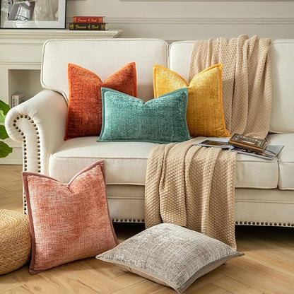Yaertun Pack of 2 Chenille Textured Decorative Throw Pillow Covers Accent Solid Cushion Cover Soft Cozy Pillow Case with Velvet Back for Couch Sofa Bed Living Room 18x18 Inch Khaki