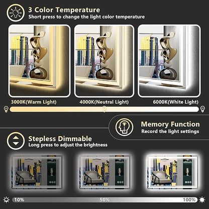 20x28 LED Bathroom Mirror with Lights, Backlit and Front Lit, Anti-Fog Lighted Vanity Mirrors for Bathroom Wall, Dimmable, 3-Color Light, Memory, Shatter-Proof, HD Tempered Glass, CRI＞90