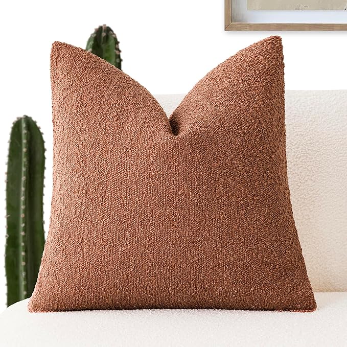 Foindtower Decorative Textured Boucle Throw Pillow Covers Accent Solid Pillow Cases Neutral Soft Cozy Couch Cushion Case for Chair Sofa Bedroom Living Room Home Decor 18x18 Inch,1PC,Burnt Orange Hazel