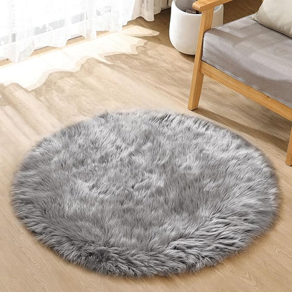 Silver Grey Furry Faux Sheepskin Shag Fur Rugs for Living Room Small Plush Circle Washable Area Rugs for Cute Room Nursery Decor Round Rug 3ft