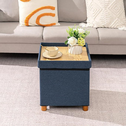 PINPLUS Storage Ottoman Cube, White Linen Footrest with Wooden Legs, Foldable Fabric Footrest, Comfortable Seat with Lid, Ottoman with Storage for Living Room, 15" x 15" x 15"，Blue