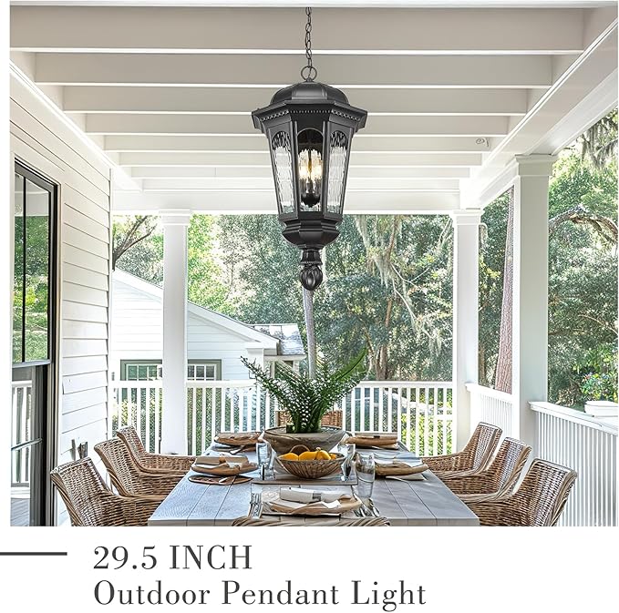 Emliviar 3-Light Outdoor Pendant Light, Classic Adjustable 29.5" Lighting Fixture Ceiling Hanging with Water Ripple Glass Shade in Black Finish, E12, XE304H BK-SW