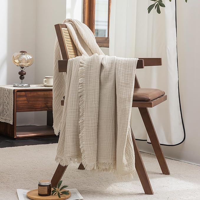 FOSSA Muslin Blanket with Fringe - 4-Layer 100% Cotton Gauze Super Soft & Breathable Throw -Lightweight Decorative Cooling Blanket for Bed, Sofa, Office -Throw XL Size 50" × 70" (Beige)