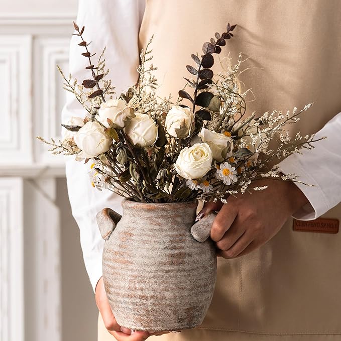 Ceramic Flower Vase Home Decor - Farmhouse Table Vases with Handle Living Room Decoration Vintage Decorative Aesthetic for Shelf Coffee Dining Desk House Bookshelf Fireplace (6" Rustic)
