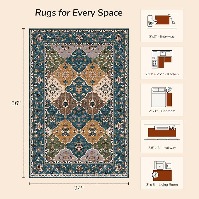 Lessymo Moroccan Washable Rugs for Entryway, Faux Wool 2x3 Small Area Rug for Kitchen Bathroom Corridor - Non-Slip Indoor Door Mat Low Plie Stain Resistant Boho Runner Rug, Olive Green and Gold