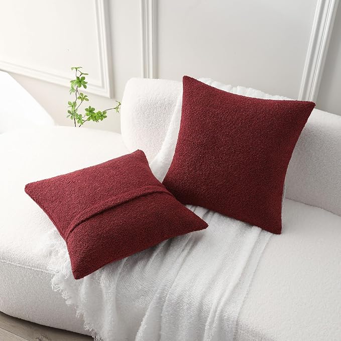 FUTEI Pack of 2 Burgundy Decorative Throw Pillow Covers 26x26 Inch Soft Cozy Solid Boucle Textured Euro Pillow Shams,Modern Home Decor for Couch Bed Living Room