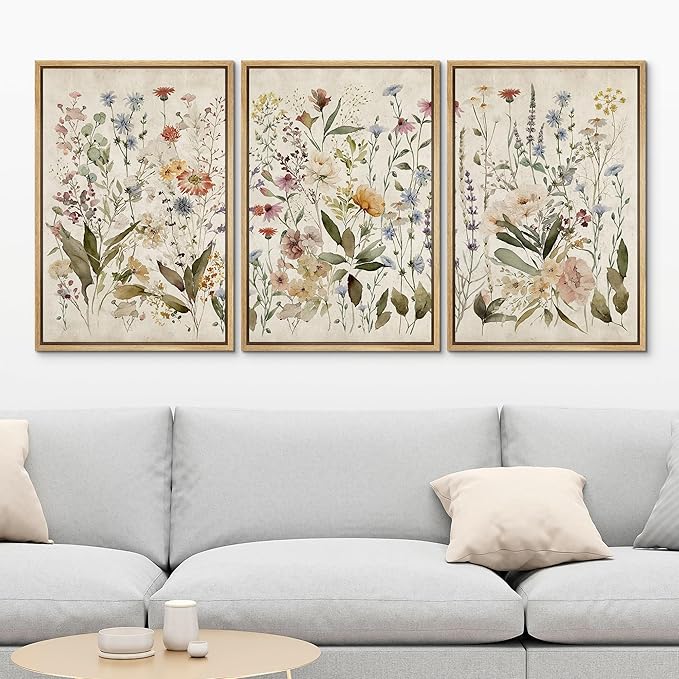MUDECOR Framed Wall Art Print Set Blooming Wildflowers Illustrations Modern Art Decorative Colorful Chic for Living Room, Bedroom, Office - 16"x24"x3 Natural