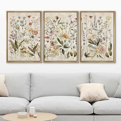 MUDECOR Framed Wall Art Print Set Blooming Wildflowers Illustrations Modern Art Decorative Colorful Chic for Living Room, Bedroom, Office - 16"x24"x3 Natural