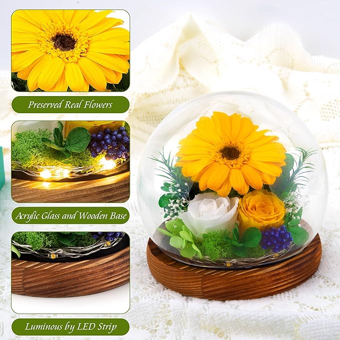 Sunflower Gifts for Women Mom Valentines Day Gifts for Her Preserved Real Flowers in Glass Dome with LED Strip, Forever Flowers Gifts for Wife Girlfriend Mom on Mother Day Birthday Christmas