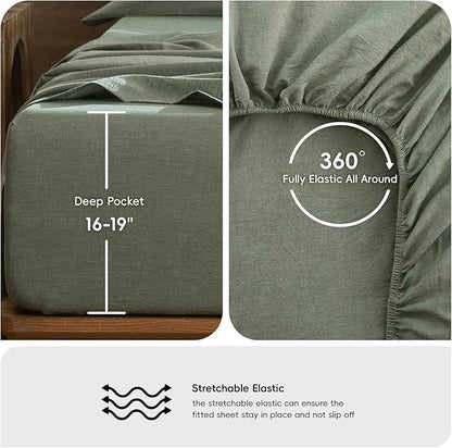 MooMee Bedding Sheet Set 100% Washed Cotton Linen Like Textured Breathable Durable Soft Comfy (Heathered Green, Twin)