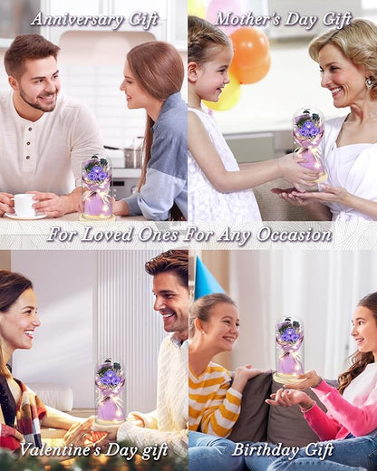HVY Preserved Flower Bouquet Gift for Her,Forever Fresh Flowers for Delivery Prime Preserved Roses in Glass with LED Light Mothers Day Birthday Gifts for Mom,Wife,Grandma, Purple Rose