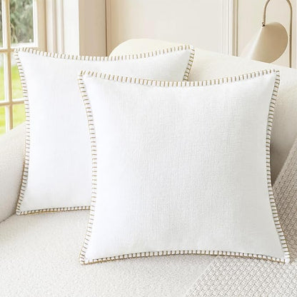 CaliTime Throw Pillow Covers Decorative 22 X 22 Inches Pack of 2 Cotton Thread Stitching Edges Solid Dyed Soft Chenille Cushion Cases for Couch Sofa Bed Living Room Farmhouse True White