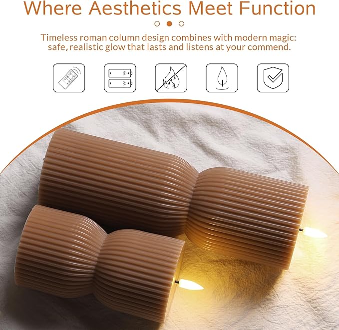 Brown Ribbed Flameless Pillar Candles with Remote, Real Wax Flickering Battery LED Candles Christmas Decor Gift Set of 2