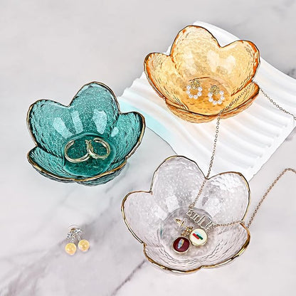 Koythin 3-Piece Glass Jewelry Tray, Small Trinket Holder for Necklace Bracelet Earring, Ring Holder for Bathroom, Aesthetic Trinket Dish, Flower Nightstand Decor for Girl Mom Women (Green)