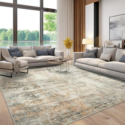 Abstract Rug 8x10 Large Living Room Rugs Neutral Modern Washable Area Rugs for Bedroom Dining Room Non-Slip Stain Resistant Foldable Thin Rug Brown Grey