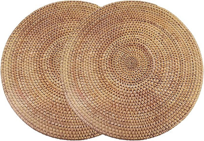 2PCS Round Rattan Placemats 14 Inch Natural Woven Boho Placemats Heat Resistant Round Woven for Indoor Outdoor Home Dining Table Supplies..