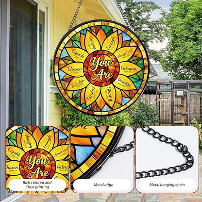 Rngmsi Christian Sunflower Stained Glass Window Hanging, Bible Verse Sun Catcher Gift for Housewarming, Inspirational Religious Suncatchers Gifts for Women Mom Home Decor 8 Inch