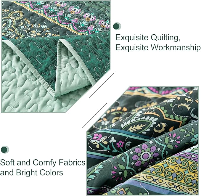 WONGS BEDDING Boho Quilt Queen Size, Green Bohemian Queen Quilt, Lightweight Microfiber Bed Decor Bedspread for All Season 96"x90"(3 Pieces)