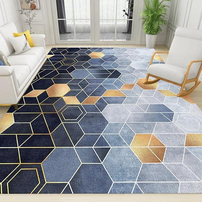 Black and Gold Blue Hexagon Area Rug, Geometric Honeycomb Living Room Rugs, Indoor Non-Slip Kids Large Rug for Bedroom Living Room Office Interior Decoration,2 x 6ft