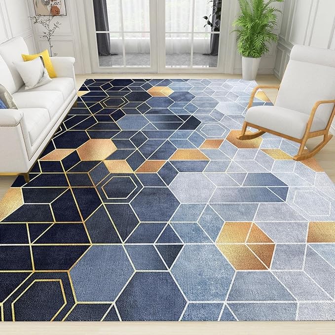 Black and Gold Blue Hexagon Area Rug, Geometric Honeycomb Living Room Rugs, Indoor Non-Slip Kids Large Rug for Bedroom Living Room Office Interior Decoration,4 x 6ft