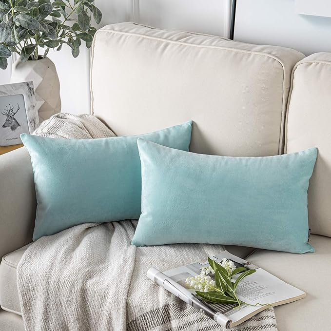 Phantoscope Pack of 2 Velvet Decorative Throw Pillow Covers Soft Solid Square Cushion Case for Couch Light Blue 12 x 20 inches 30 x 50 cm