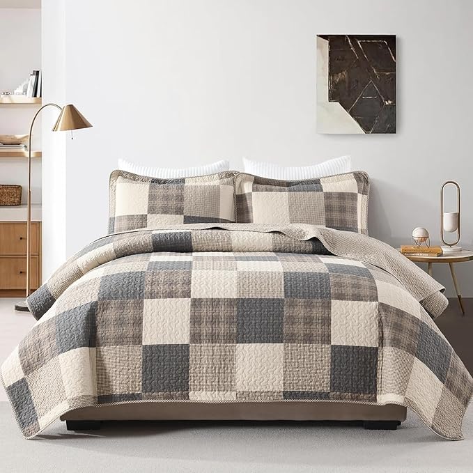 100% Cotton Quilt Set King Size - Reversible Quilted Comforter, Patchwork Plaid King Quilt Bedspread, Modern Farmhouse Lightweight Bedding for King Bed, 3pcs, Charcoal/Beige/Brown