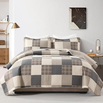 100% Cotton Quilt Set Queen Size - Reversible Quilted Comforter, Patchwork Plaid Queen Quilt Bedspread, Modern Farmhouse Lightweight Bedding for Queen Bed, 3pcs, Charcoal/Beige/Brown