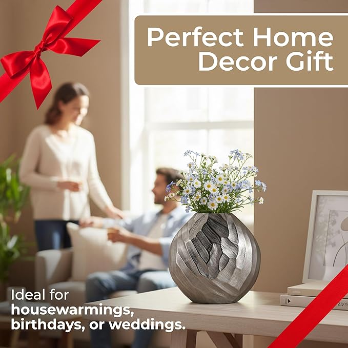 Flower Vase for Home Decor – Modern Hammered Metal Accent, Decorative Centerpiece for Floral Arrangements on Dining Table, Coffee Table, or Office, Stylish Home Accessories – 10", Silver
