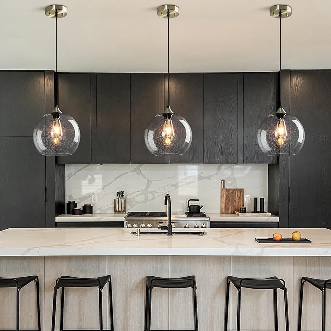 Clear Glass Pendant Lights Kitchen Island Lighting Globe Pendant Light Fixtures Modern Pendant Lighting for Kitchen Island Bedroom Living Dining Room Light Fixture(9.84in, 2-Pack)