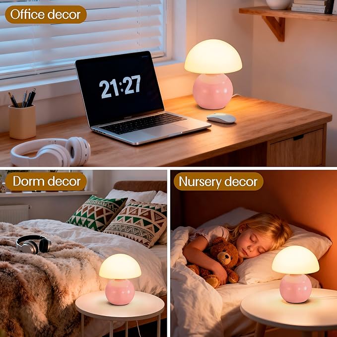 Cute Small Mushroom Lamp Decor,USB-Plug in Bedside Table Lamps with 3-Temperature LED Bulb Dimmable,Modern Aesthetic Home Decor for Livingroom/Bedroom/Dorm/Nursery (Pink with Plug)