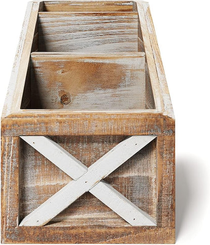 Barnyard Designs Rustic Vintage Wooden Desk Organizer Remotes Caddy Tabletop Desktop Office Supplies Desk Accessories Holder, 6.75" x 6.5” (White/Brown)
