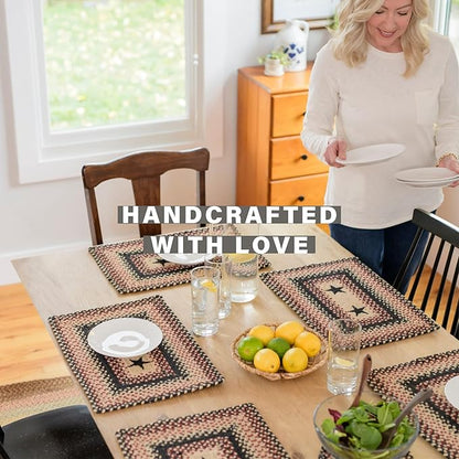 Homespice Primitive Star Gloucester Jute Braided Oval Placemats, Warm Primitive Decor, Set of 6, 13x19 Black and Red Table Mats - Vibrant Colors, Durable, Easy to Clean and Protects Furniture