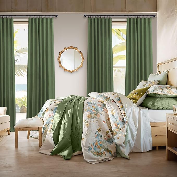 Pitalk Olive Green Curtains 90 Inch Length for Dining Room 2 Panel Set Back Tab Pocket Linen Sheer Boho Farmhouse Decoration Light Green Curtain for Boys Bedroom Baby Teen Toddler Playroom 7.5 FT Long